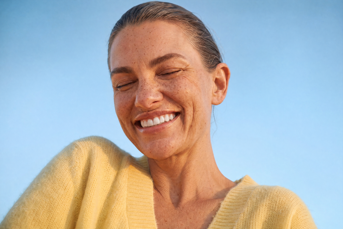 A laughing woman taking a JSHealth capsule in warm sunlight